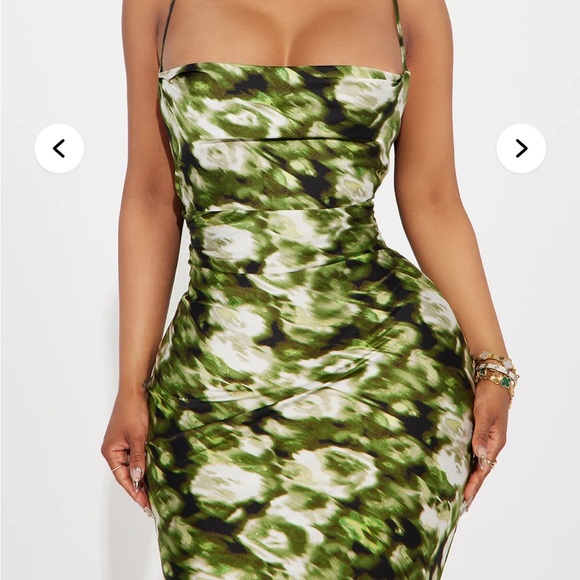 Fashion Nova Hot Date Satin Maxi Dress Olive Green - Picture 2 of 9